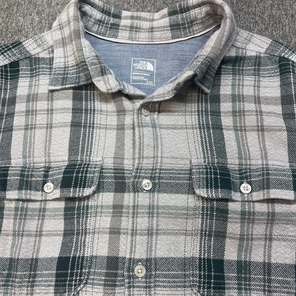 The North Face Mens Grey Green Plaid Flannel Button Down Shirt Large Long Sleeve
